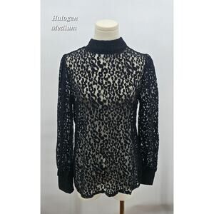 Halogen Black Floral Lace Mock Neck Long Sleeve Top | Size M